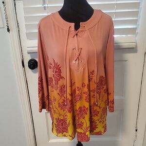 JM Collection Floral Lace-Up Women's Top - Pink Orange and Yellow